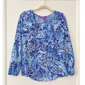 Lilly Pulitzer Blue Paisley Peasant Blouse Size Small 100% Rayon Long Sleeve